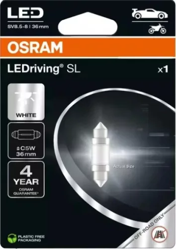 OSRAM LEDriving SL C5W LED helyzetjelző és rendszámtábla világítás, 36mm hosszú, hidegfehér fény SV8.5-8 foglalattal
